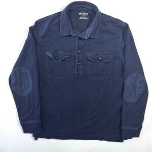 J. Crew Polo Shirt Mens Large Navy Cotton Sueded Long Sleeve Elbow‎ Pads Pockets